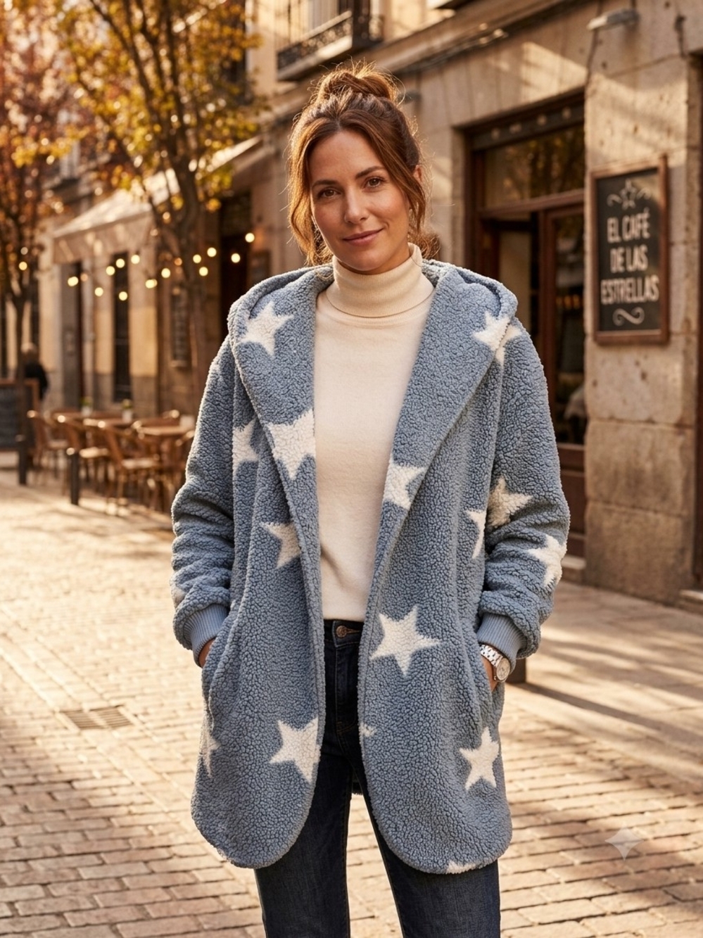 Hem & Thread Blue Star Print Hooded Sherpa Cardigan Coatigan Jacket Cozy